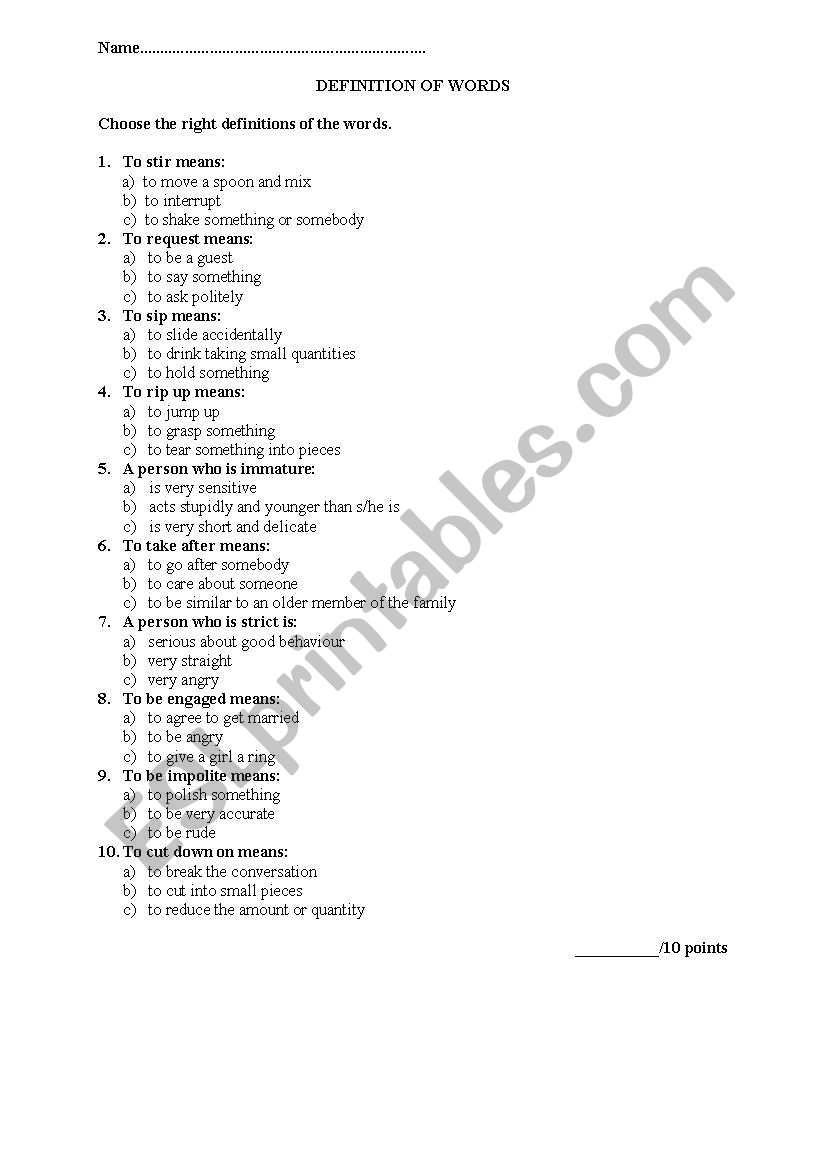 Definition of words worksheet