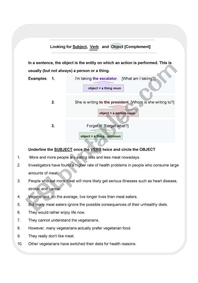 Subject, Verb and Object worksheet