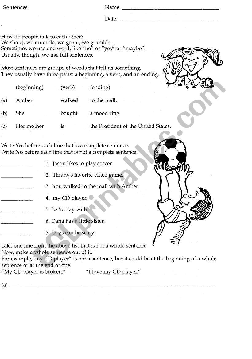 Sentences worksheet