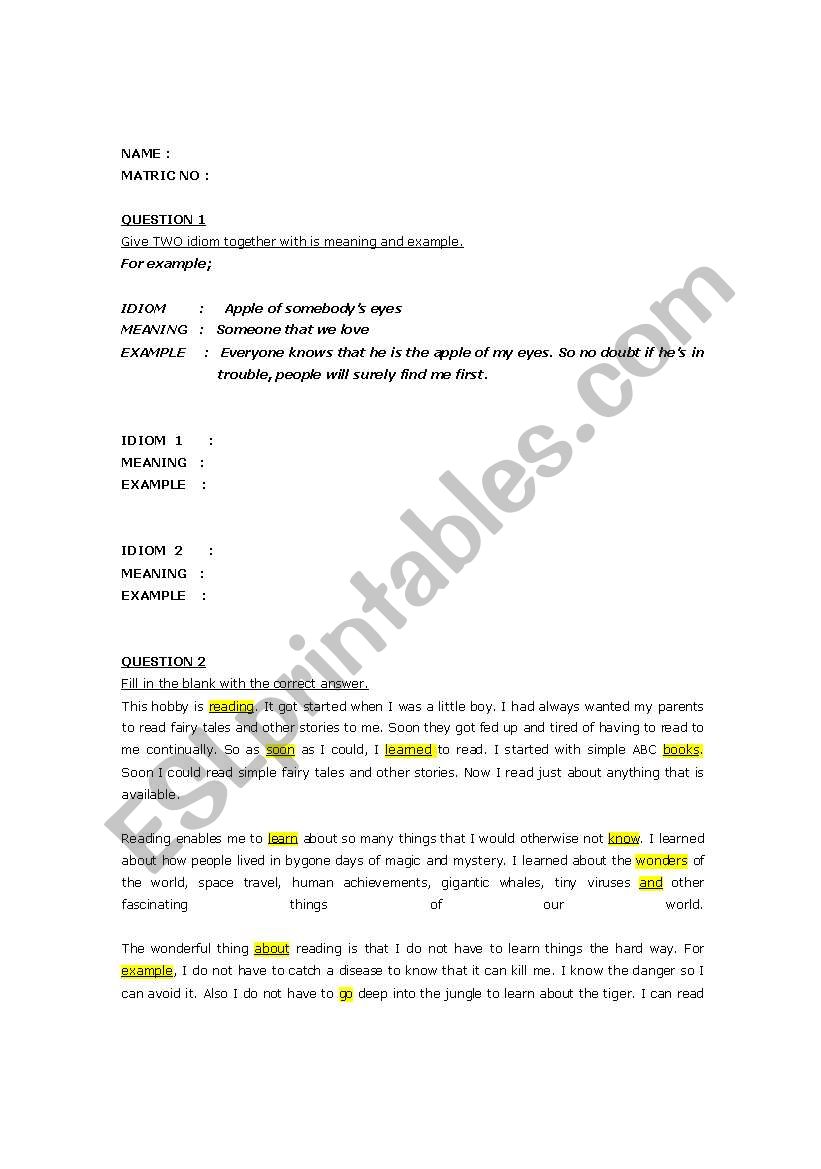 english quiz  worksheet