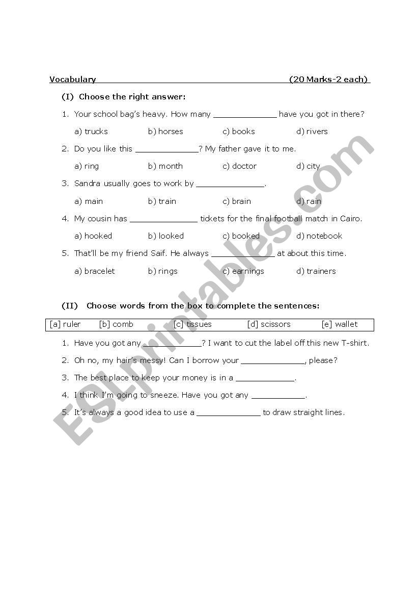 Vocabulary worksheet