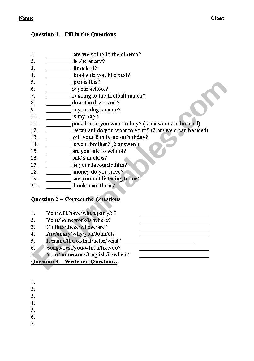 Question Form Worksheets (2 pages) - What, when, why, where etc