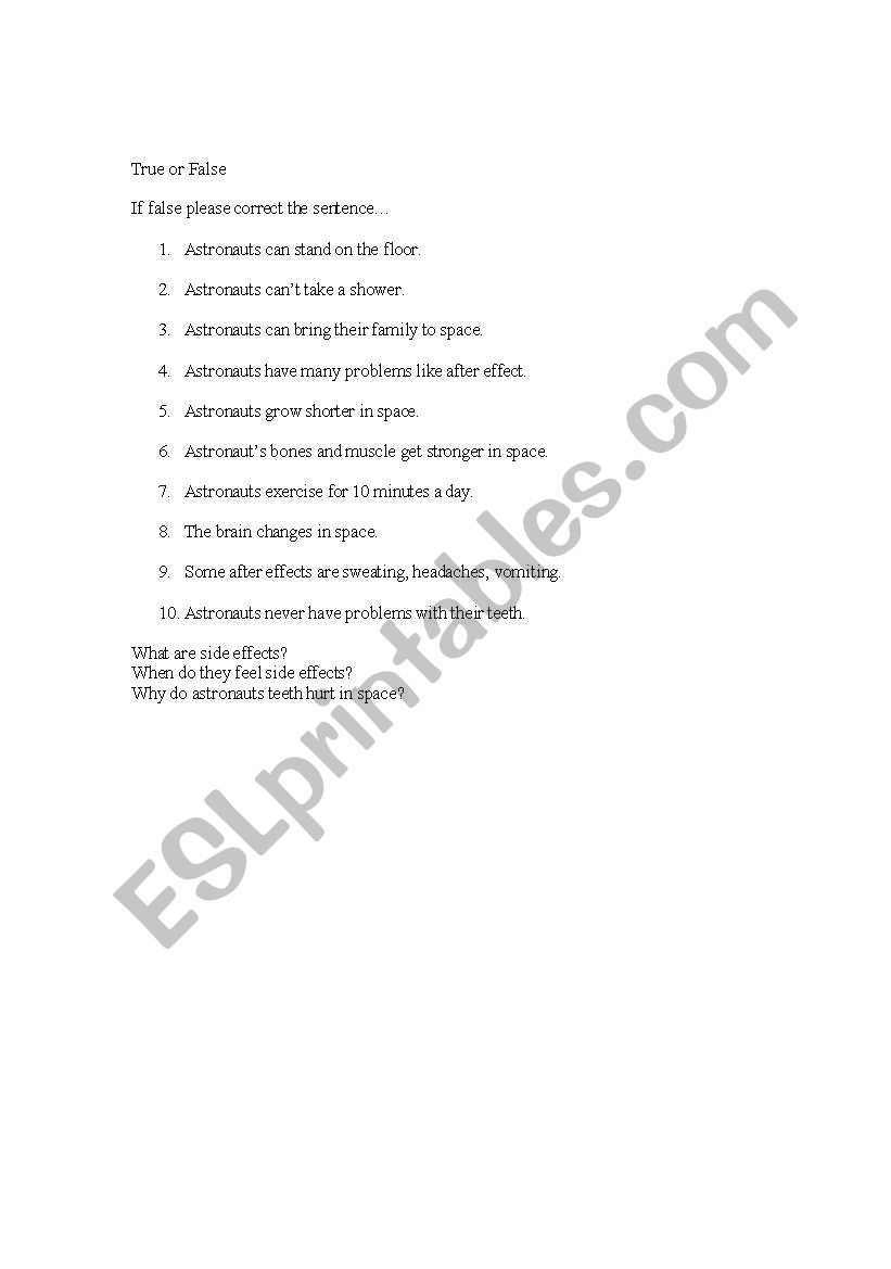 True of False astronauts worksheet