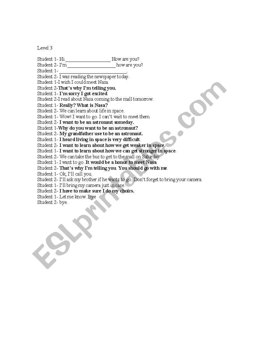 Dialogue on Astronauts worksheet