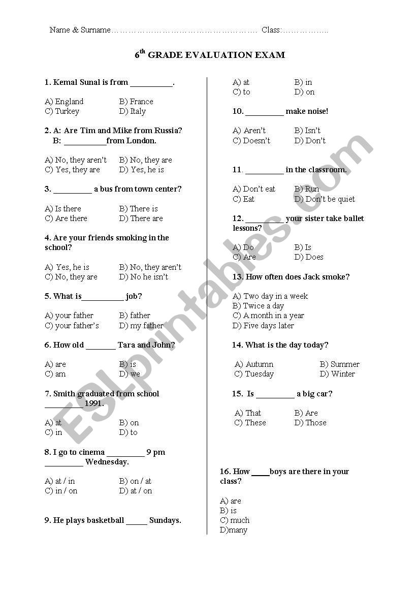 General Revision Test for 6th grade