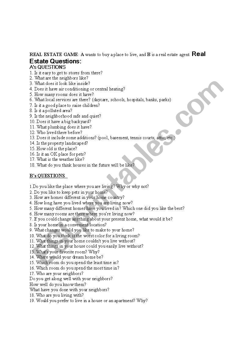buying a house role play worksheet