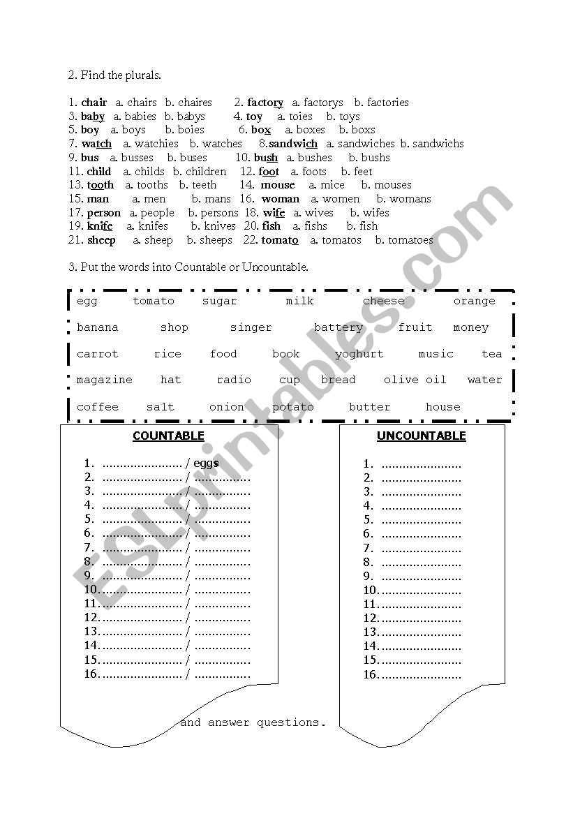 Countables and Uncountables worksheet
