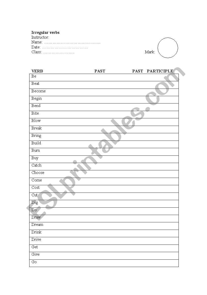 Irregular verbs - test worksheet