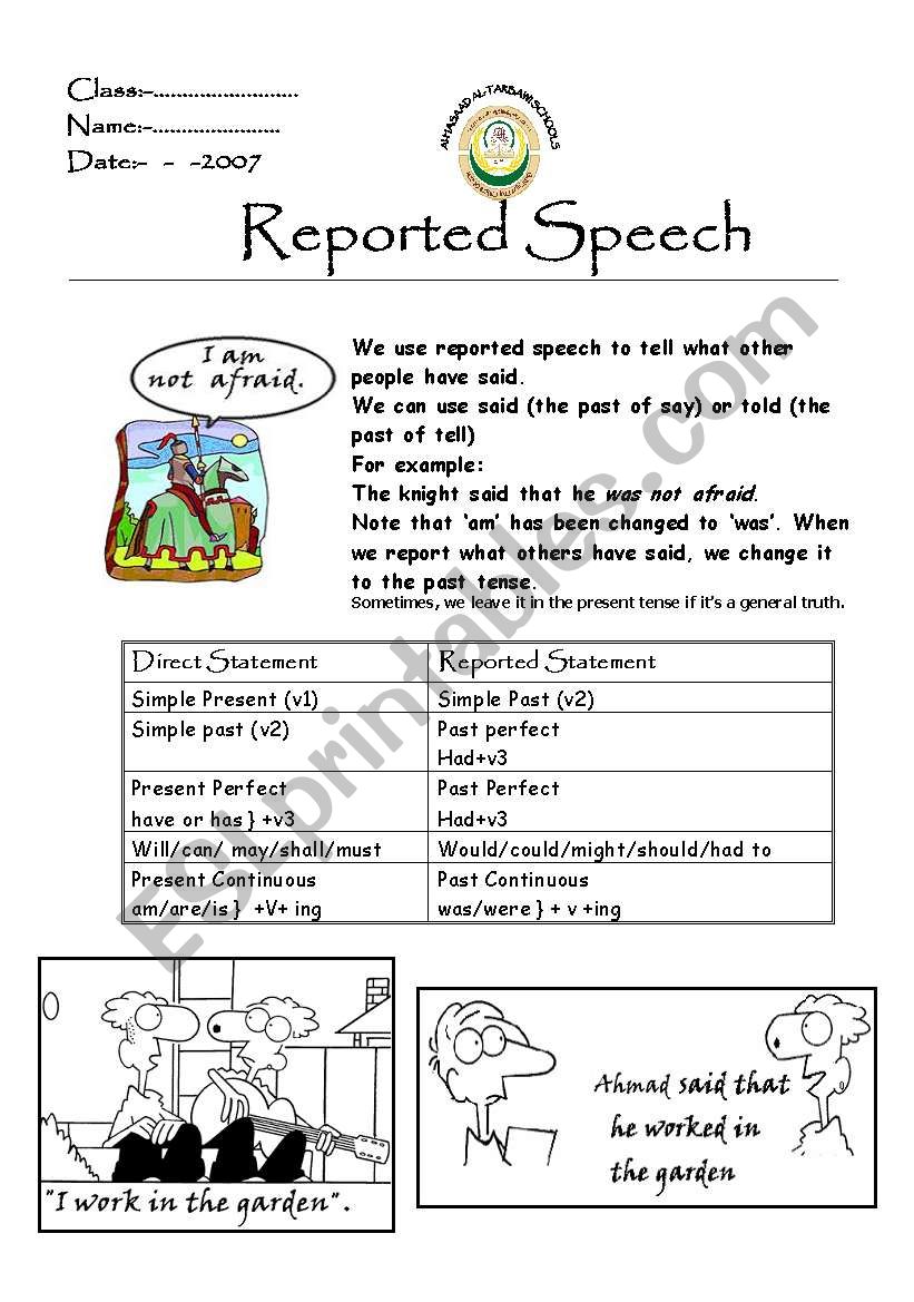 reported speech worksheet