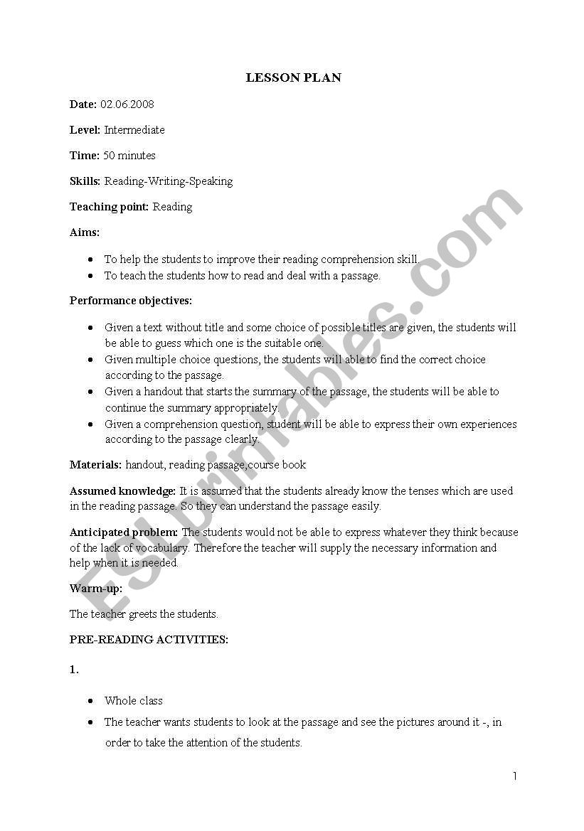 reading lesson plan worksheet