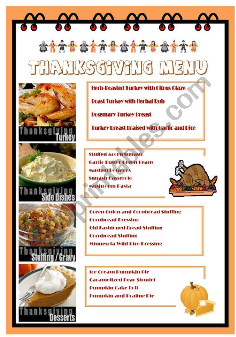 THANKSGIVING MENU worksheet