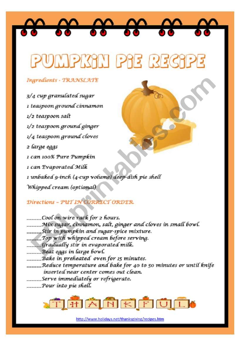 PUMPKIN PIE RECIPE worksheet