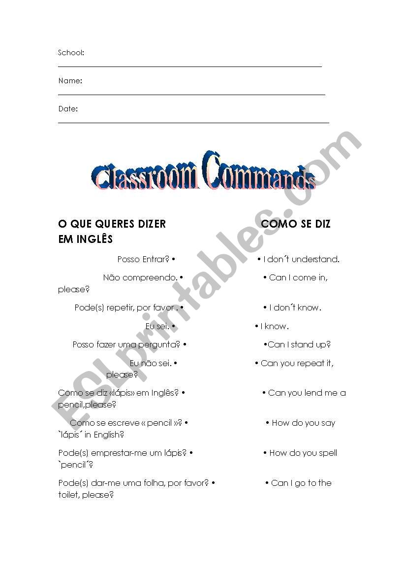 Classroom Commands worksheet