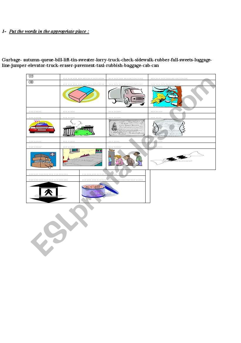 American British English worksheet
