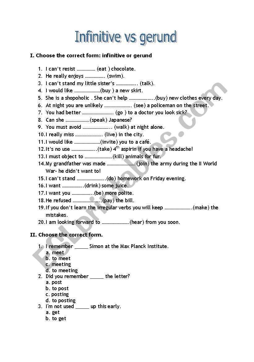 Infinitive vs gerund worksheet