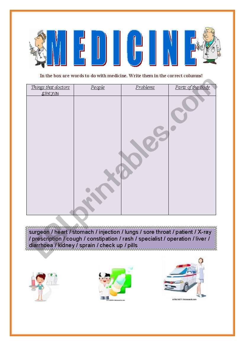 Vocabulary medicine worksheet