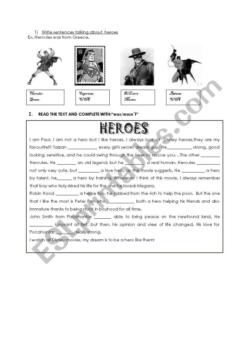 WAS-WERE WITH HEROES worksheet