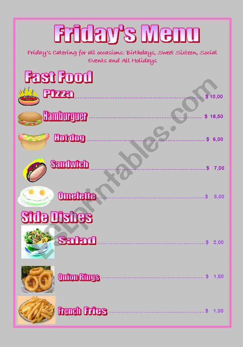 FRIDAY?S MENU worksheet