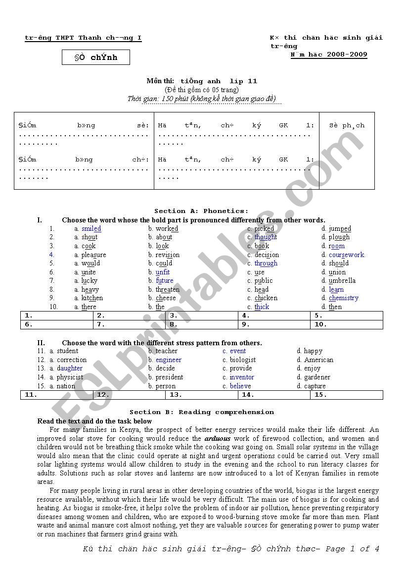 test for advanced students worksheet