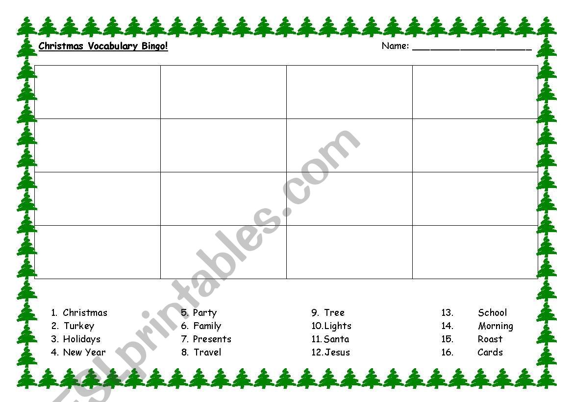 Christmas vocabulary bingo worksheet