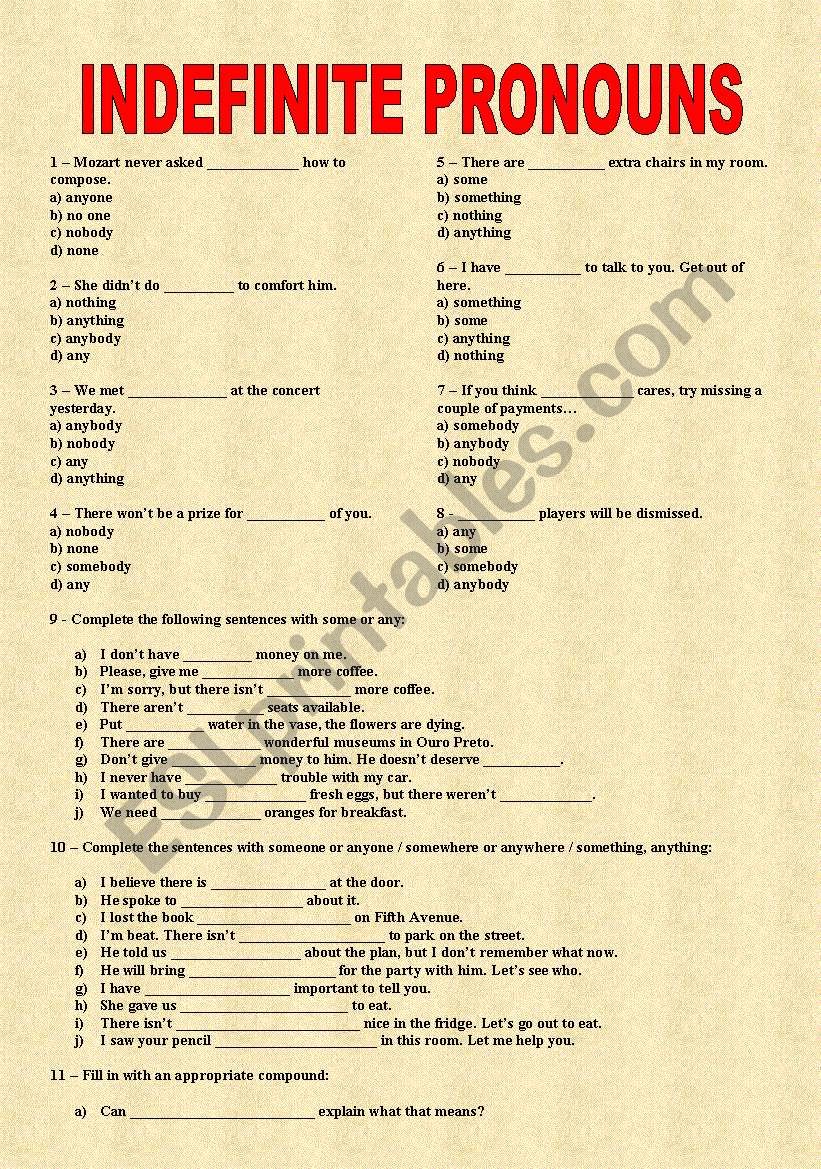 Indefinite Pronouns worksheet