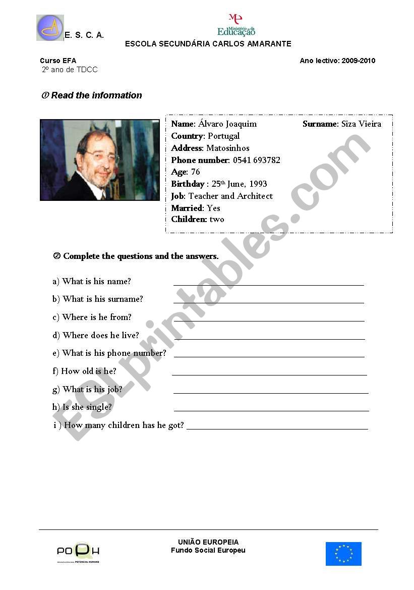 PERSONAL INFORMATION worksheet