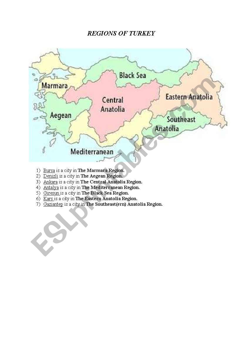 Regions in Turkey worksheet