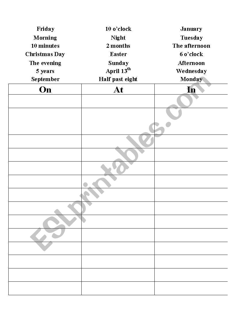 prepositions of time worksheet