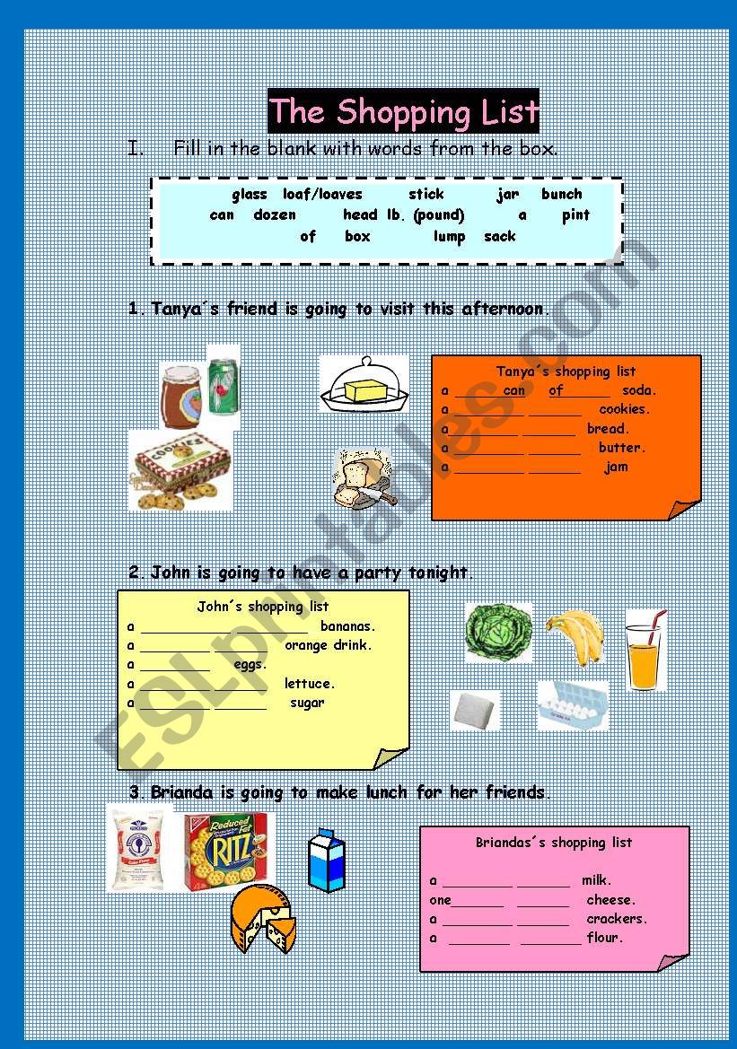 THE SHOPPING LIST worksheet