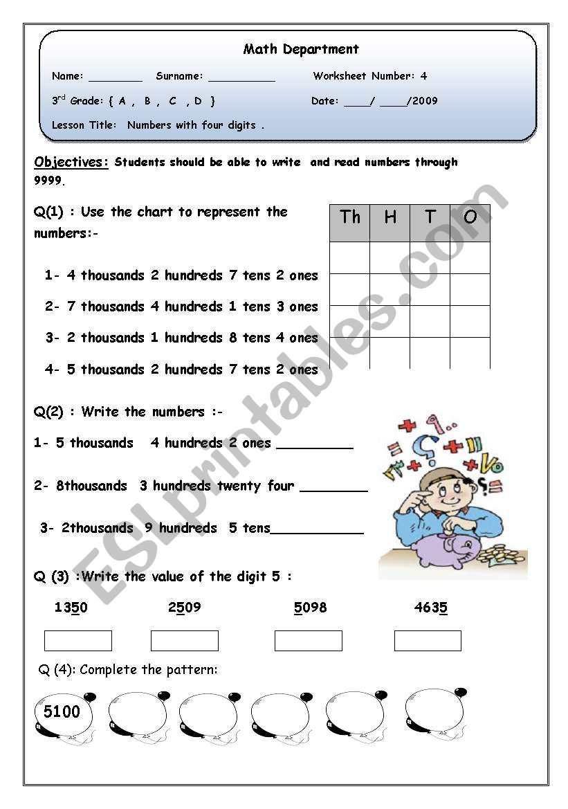 number with four digits worksheet