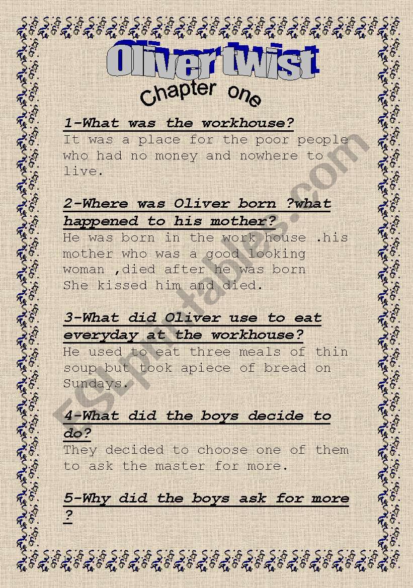 Oliver  Twist (ch 1,2 ) worksheet