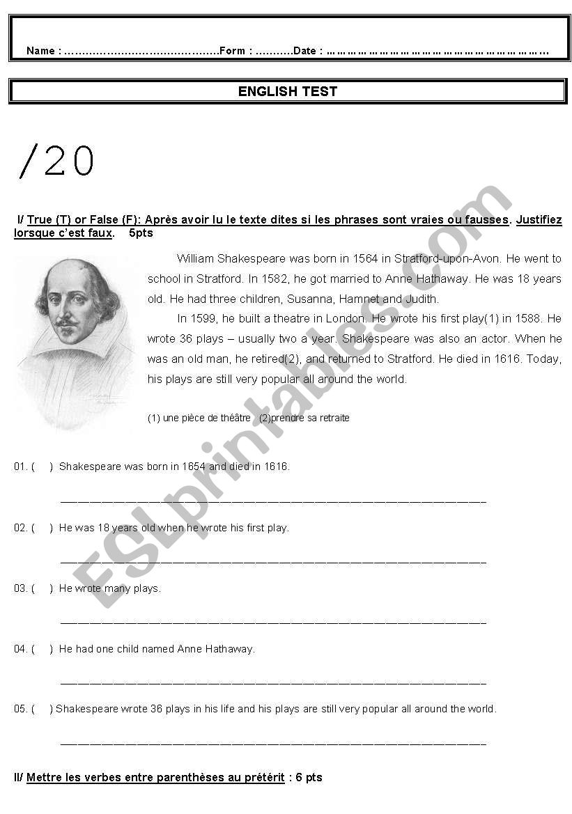 Past simple Test worksheet