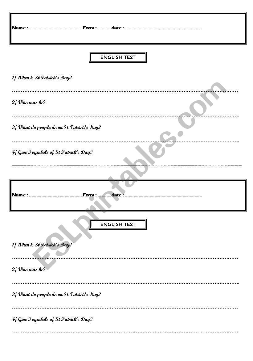 St Patrick Test worksheet