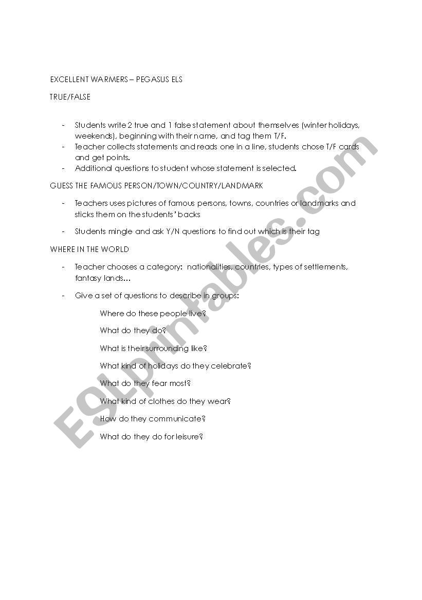 Excellent Warmers worksheet