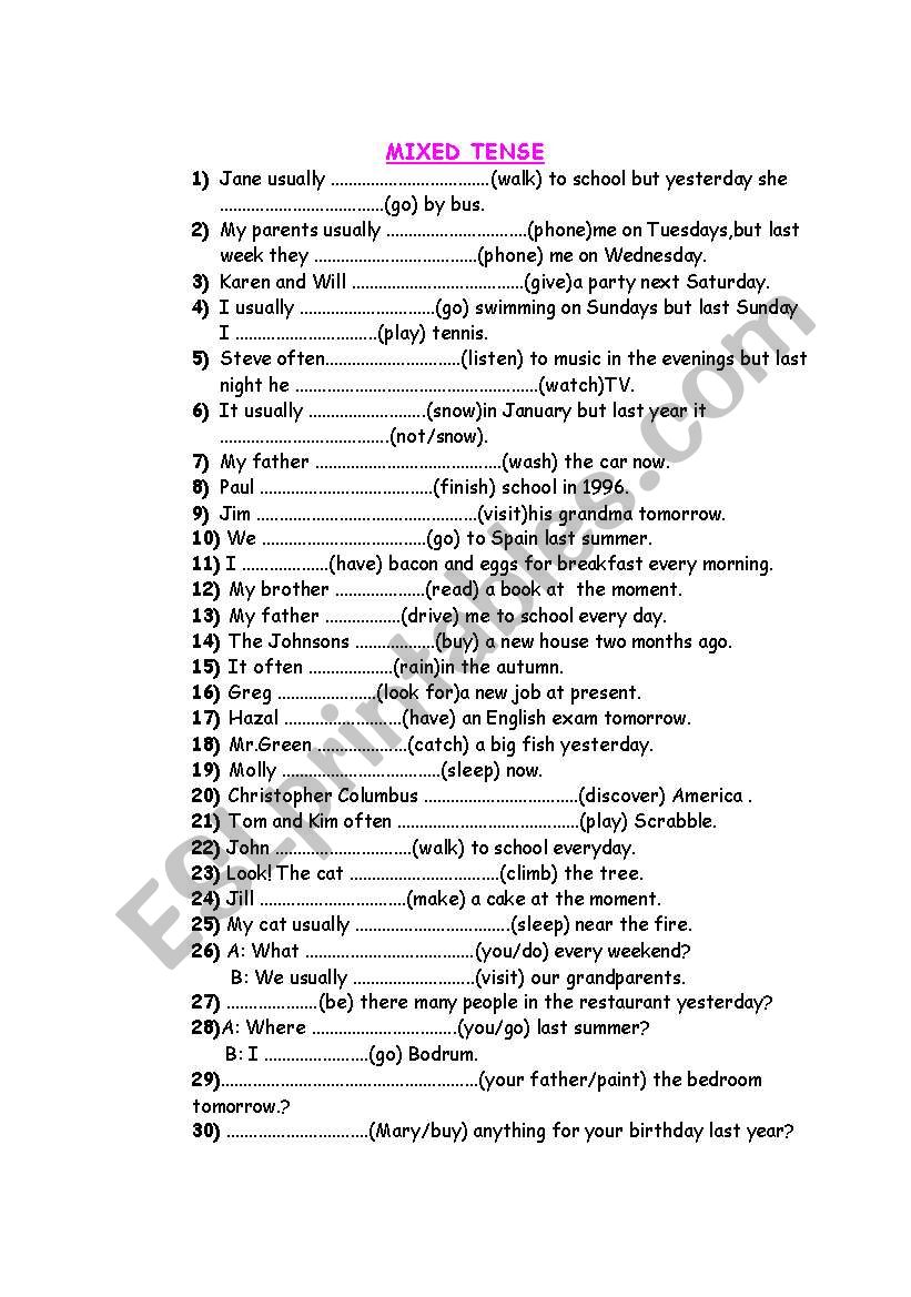 mixed tense worksheet