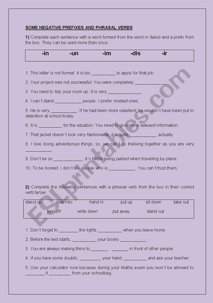 Some negative prefixes and phrasal verbs