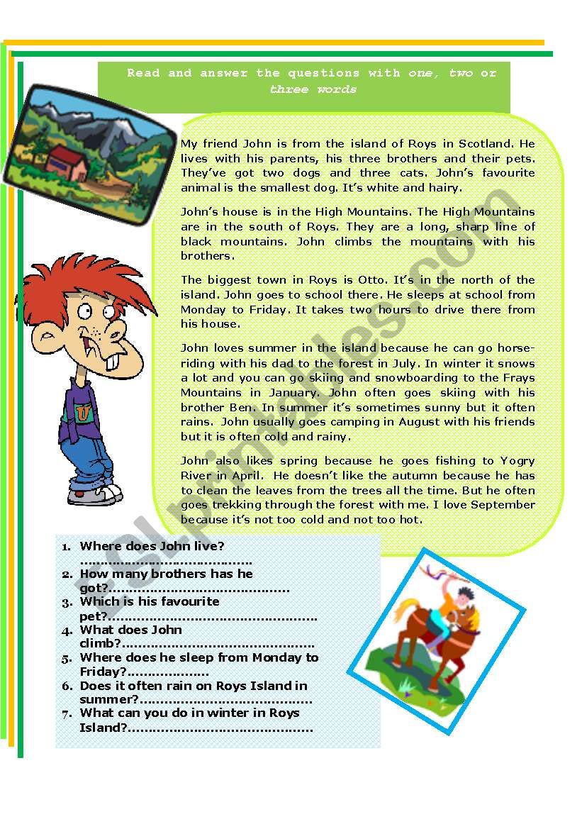 Present simple - reading comprehension. Seasons, and free time activities