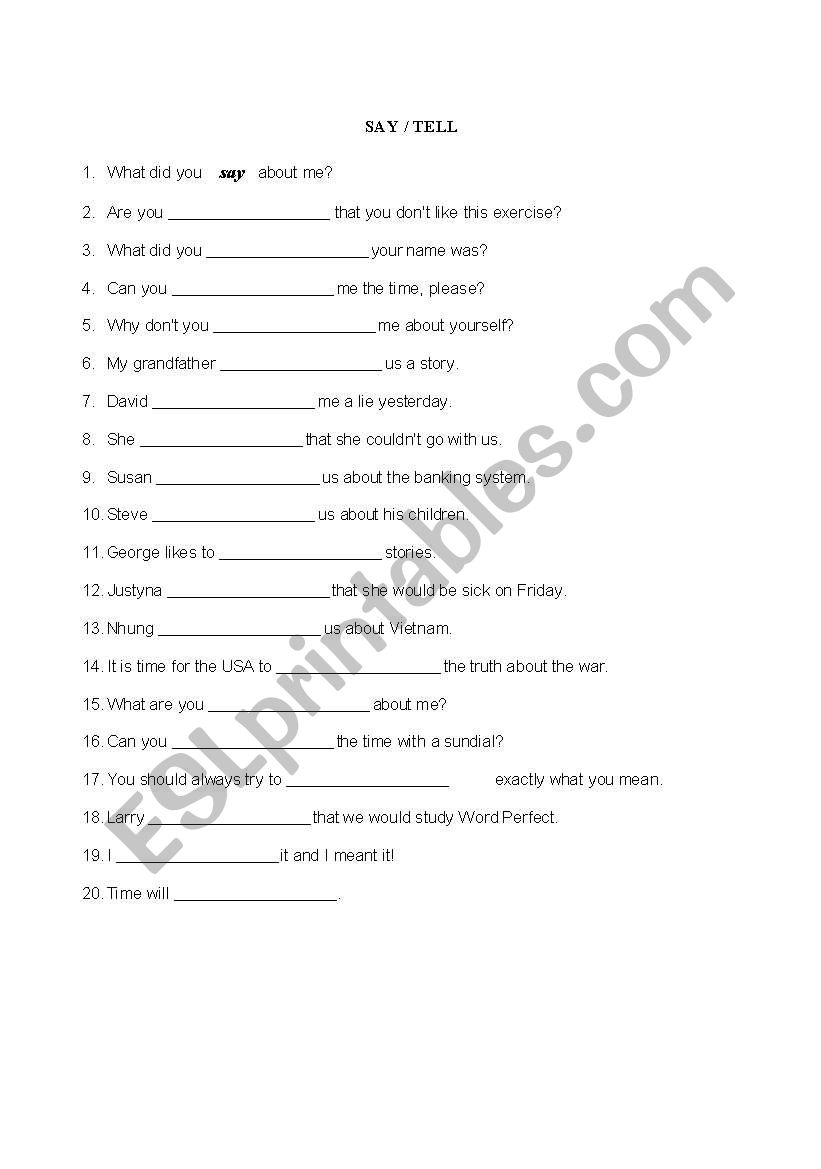 SAY/TELL Cloze Exercise worksheet