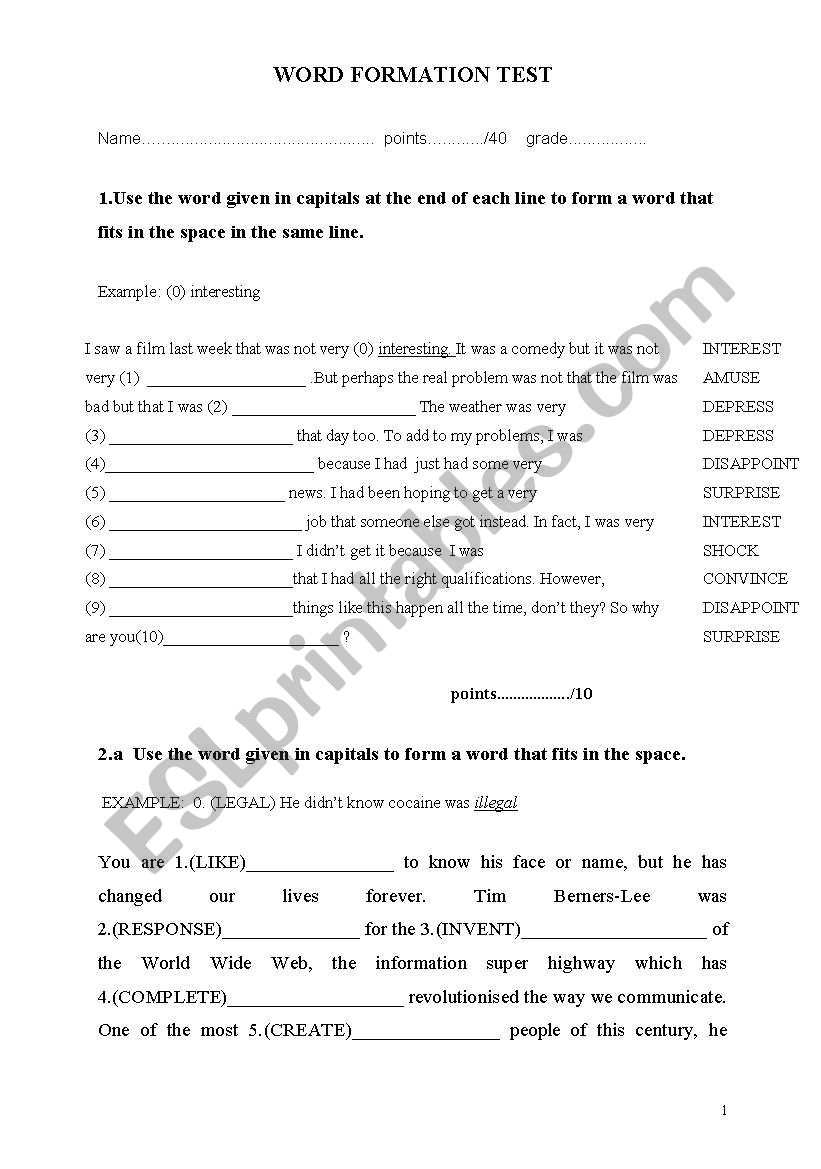 WORD FORMATION TEST worksheet
