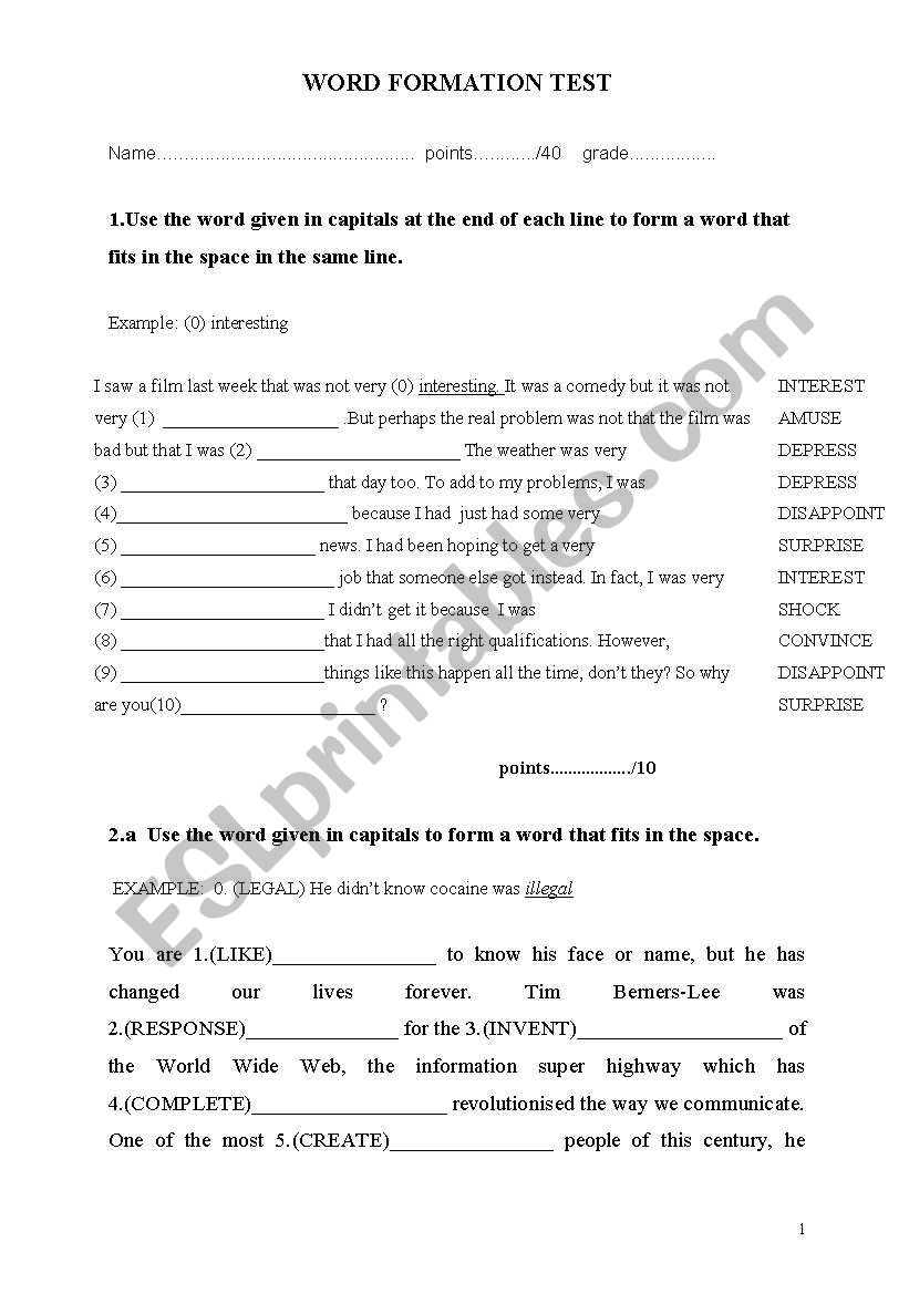 WORD FORMATION TEST worksheet