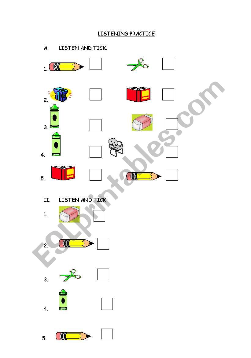 Classroom objects listening worksheet