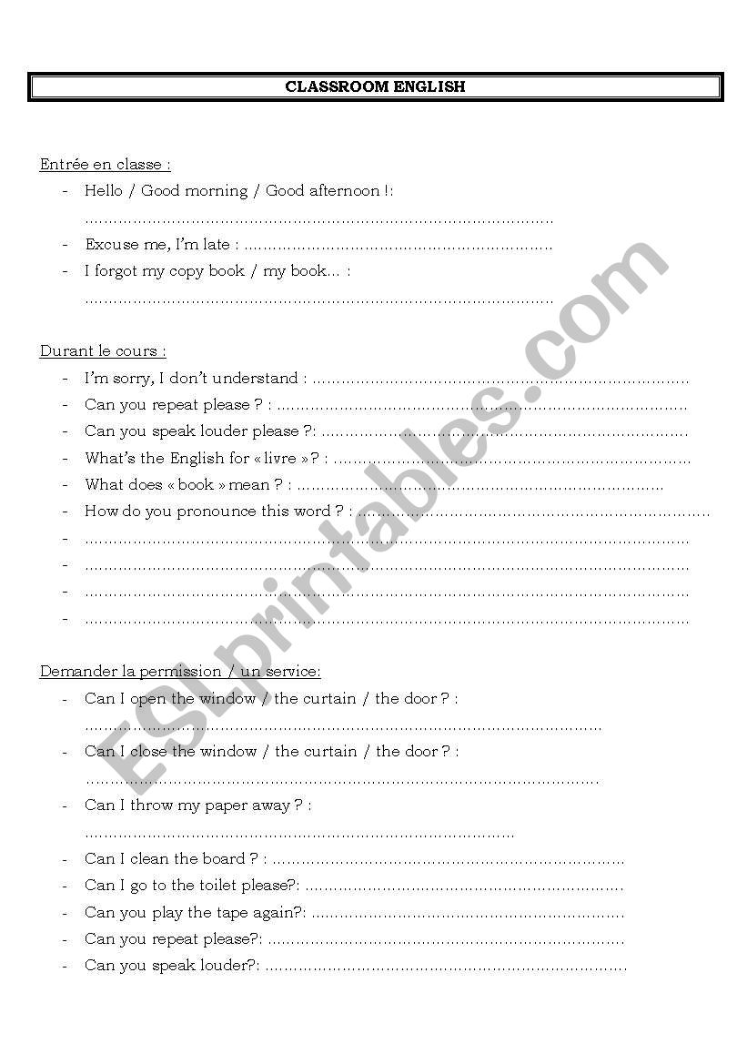 classroom english worksheet