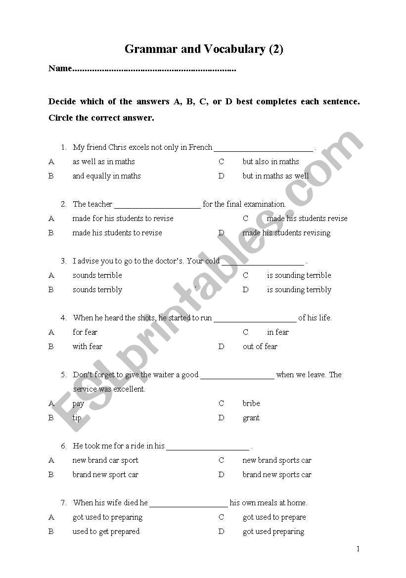 Grammar and Vocabulary (2) worksheet