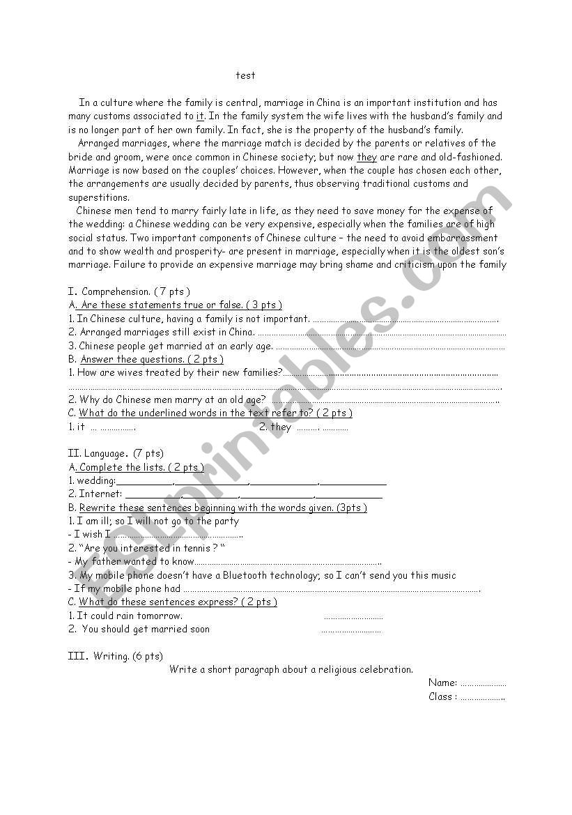 marriage in china worksheet