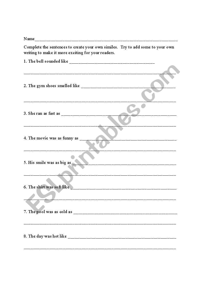 Similes worksheet