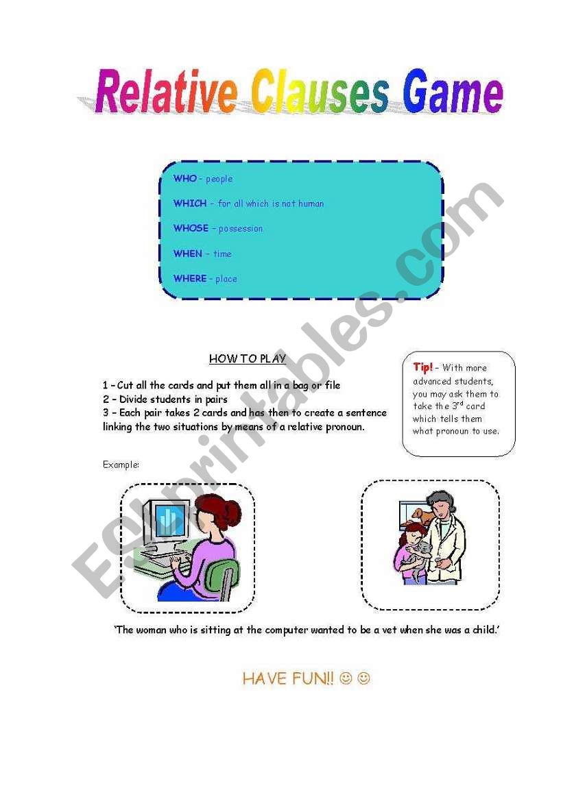 Relative Clauses Game worksheet