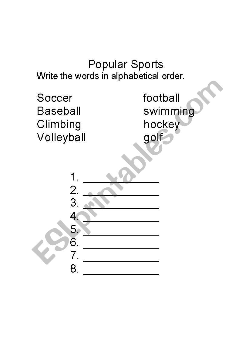 Popular sports worksheet