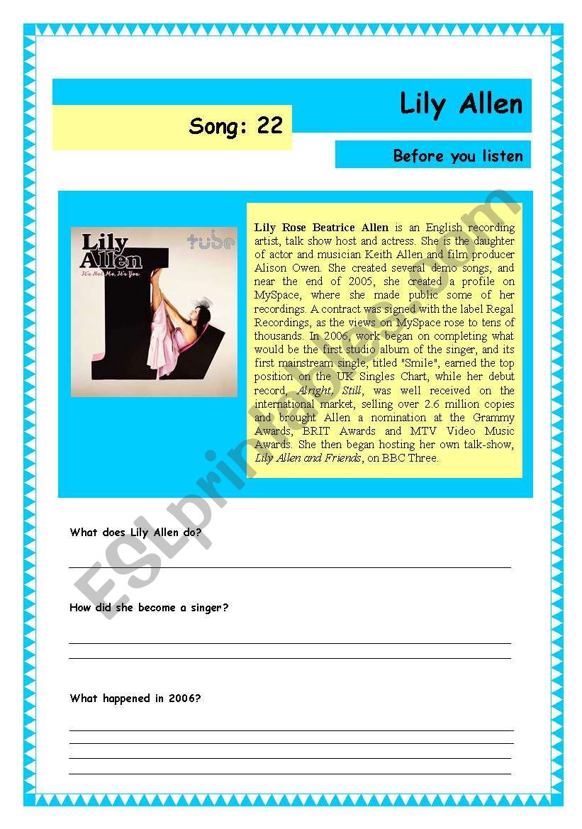 Song: Lily Allen - 22  worksheet