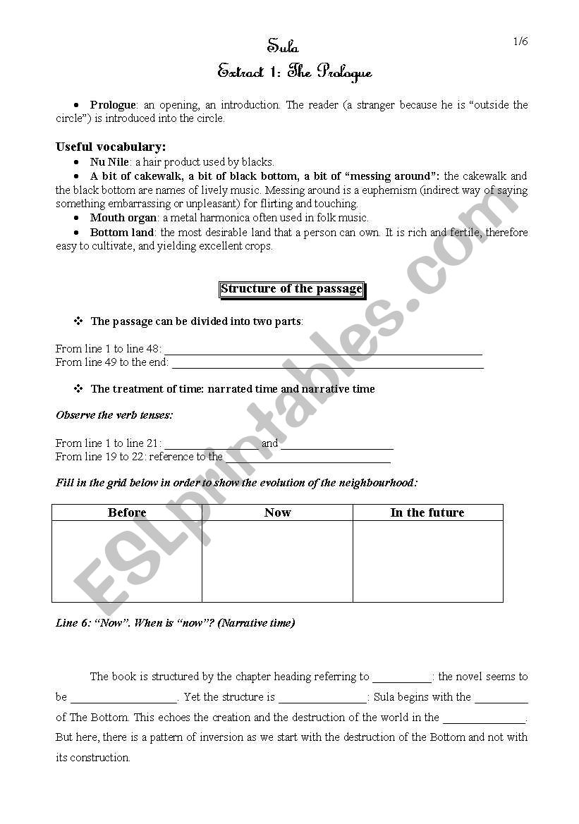 Sula, extract 1 worksheet