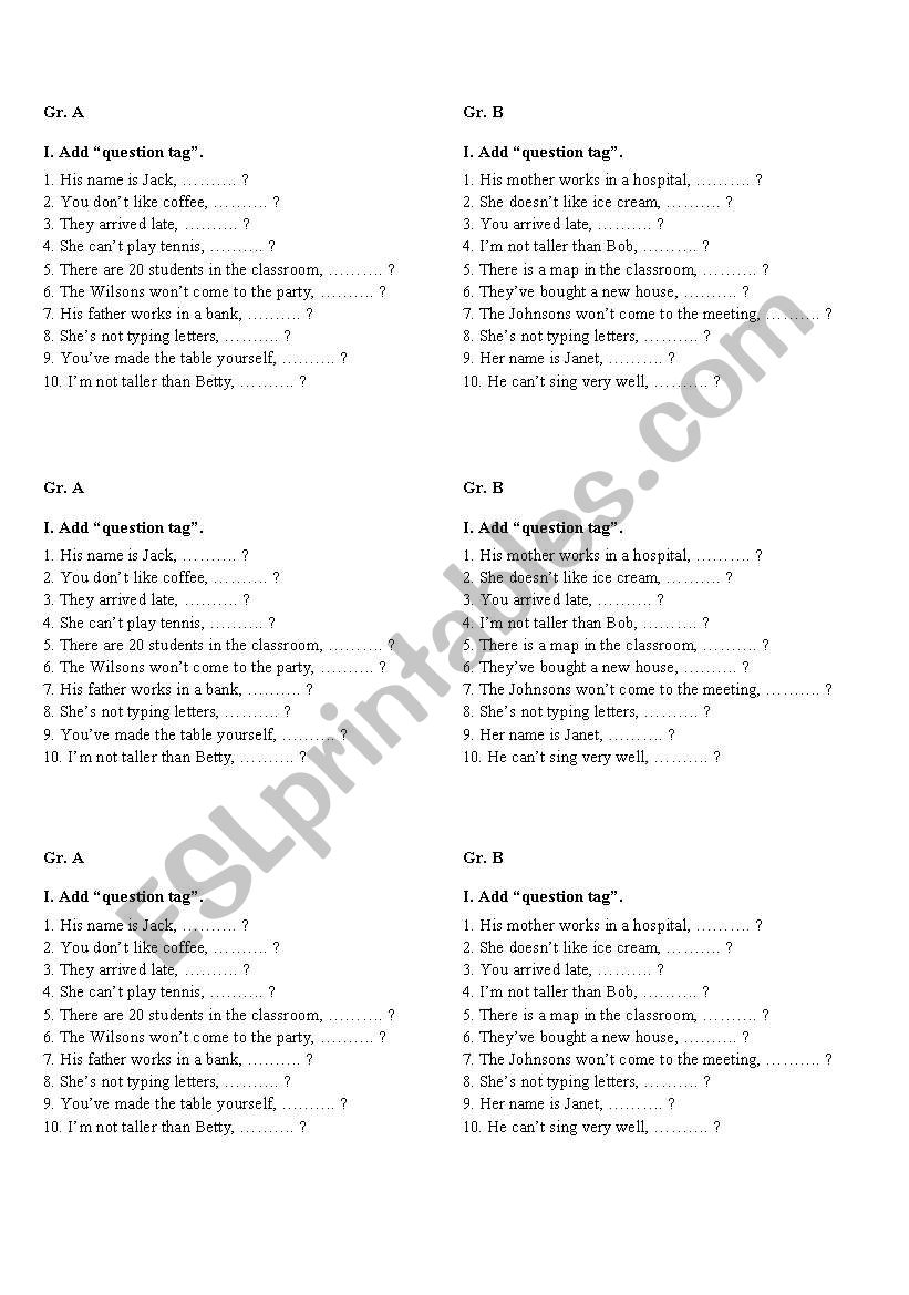 Question tags worksheet